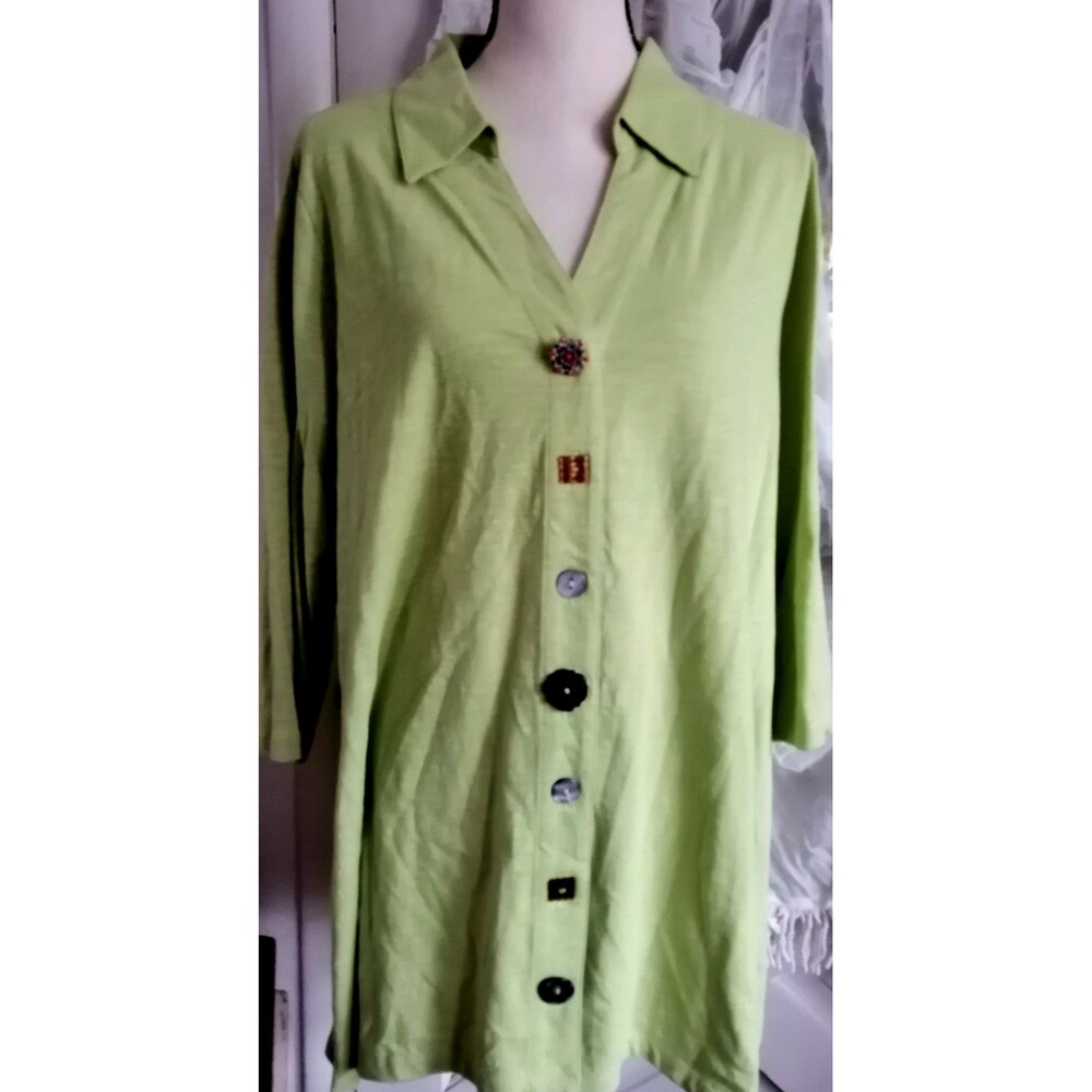 Soft Surroundings Women Blouse Tunic Shirt Top 1X Green Cotton